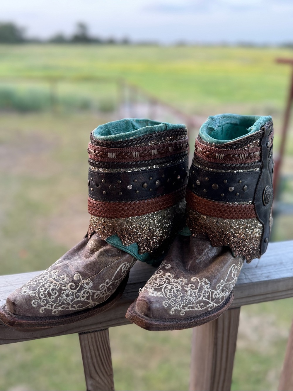 Corral Brown Leather Embroidered Ankle Boots with Teal Interior